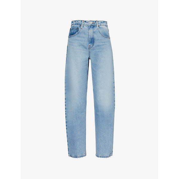 Womens Frame Brand-patch contrast-stitch barrel-leg mid-rise recycled denim-blend jeans