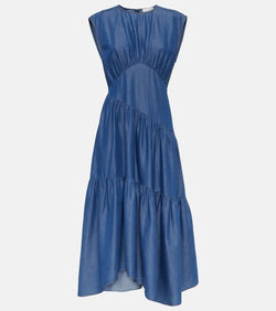 Frame Gathered tiered denim midi dress | LYBSTORE