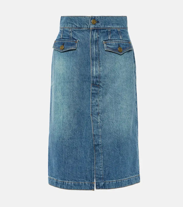 Frame The Vent Front high-rise denim midi skirt | LYBSTORE