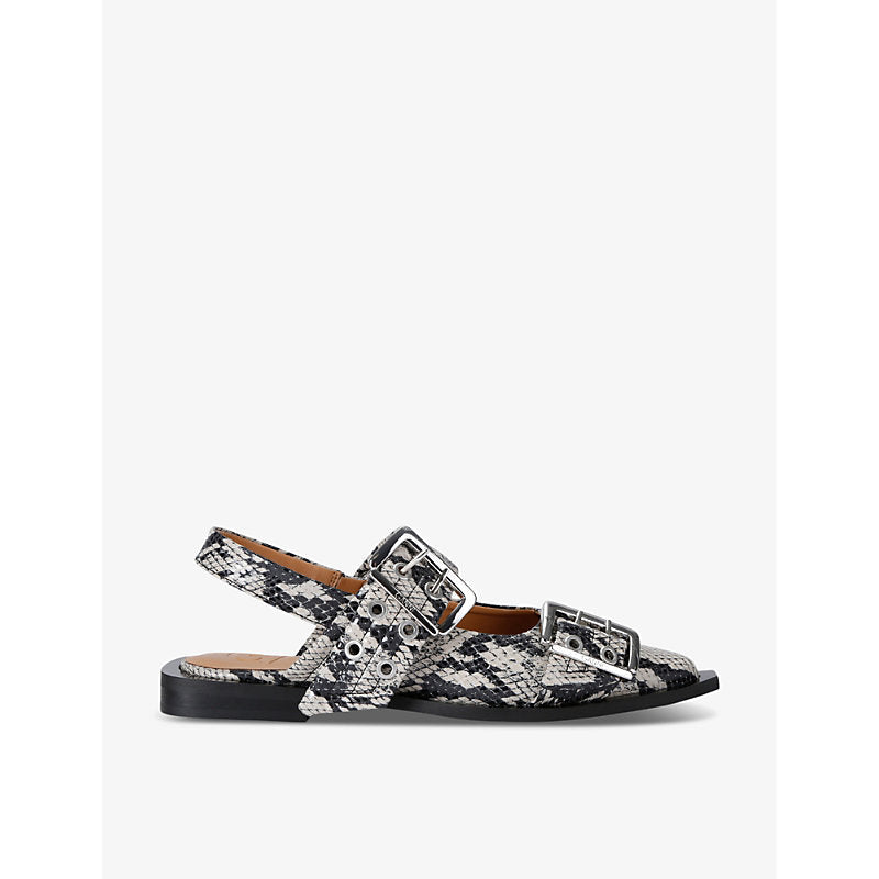 Ganni Buckle-embellished snake-embossed slingback leather ballet flats