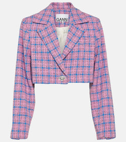 Ganni Checked cropped cotton-blend blazer | LYBSTORE