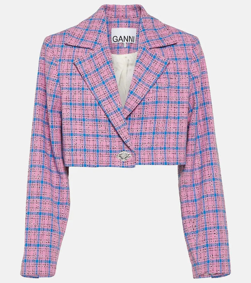 Ganni Checked cropped cotton-blend blazer | LYBSTORE