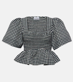 Ganni Checked seersucker peplum top