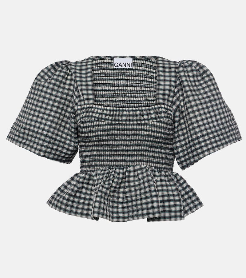 Ganni Checked seersucker peplum top