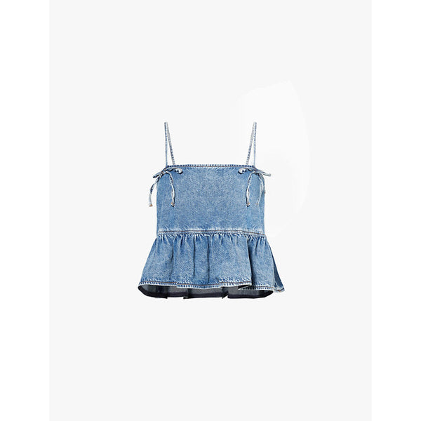 Womens Ganni Cropped ruffled organic-denim blend top