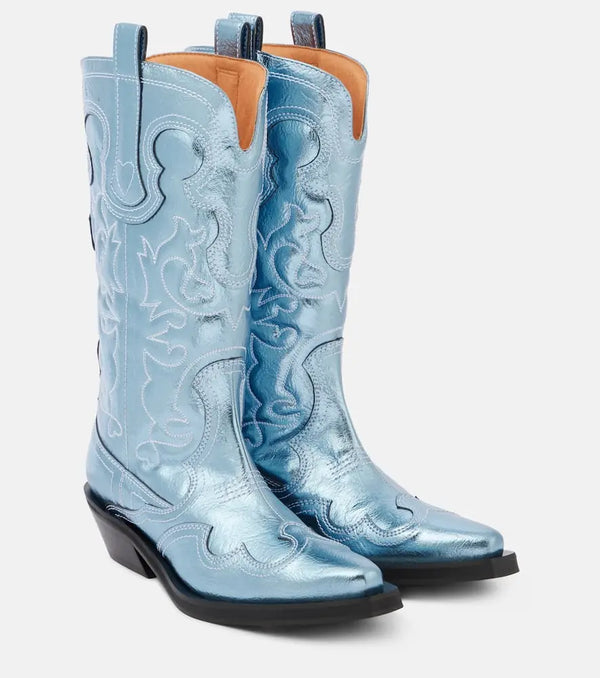 Ganni Embroidered metallic cowboy boots