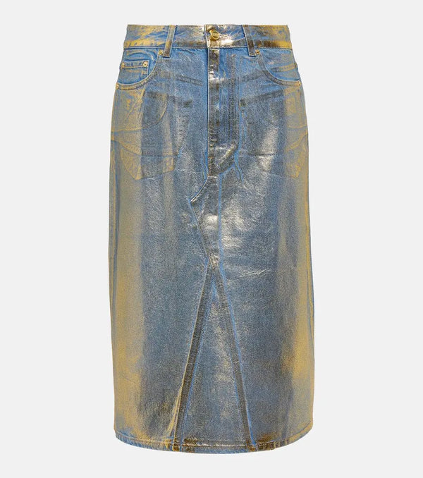 Ganni Gold-foiled denim midi skirt | LYBSTORE