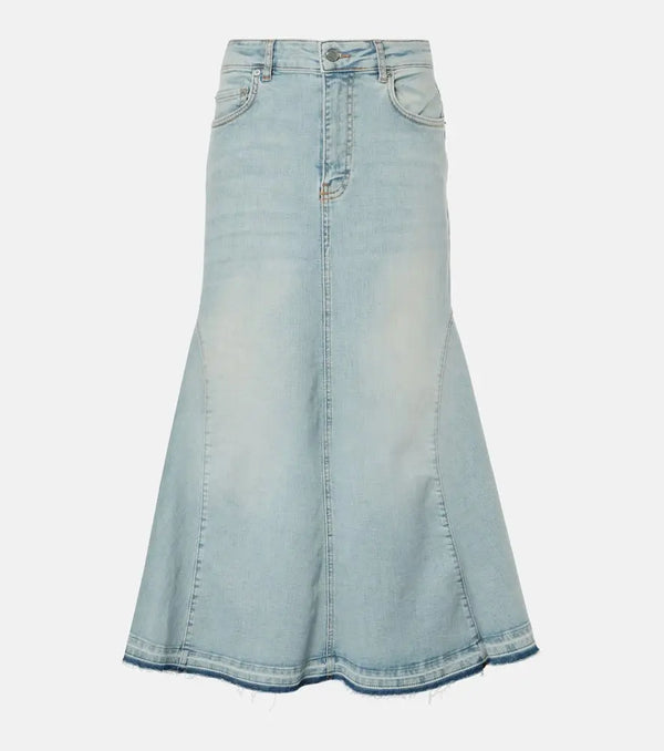 Ganni High-rise denim midi skirt