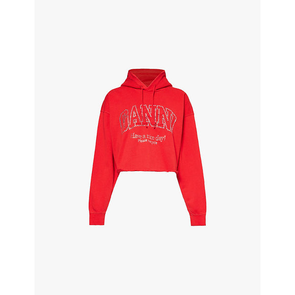 Womens Ganni Isoli rhinestone-logo organic-cotton jersey hoody