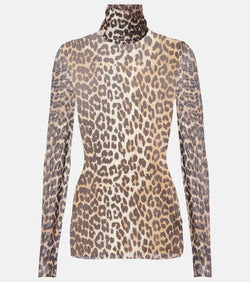 Ganni Leopard-print mesh turtleneck top