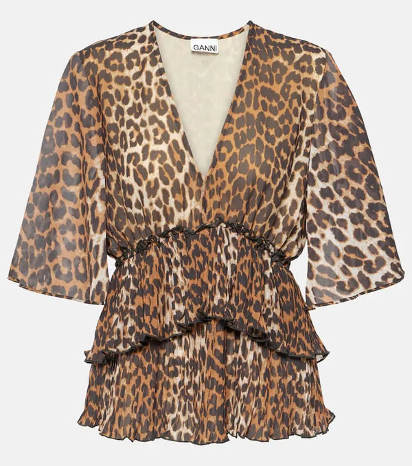 Ganni Leopard-print tiered georgette blouse | LYBSTORE