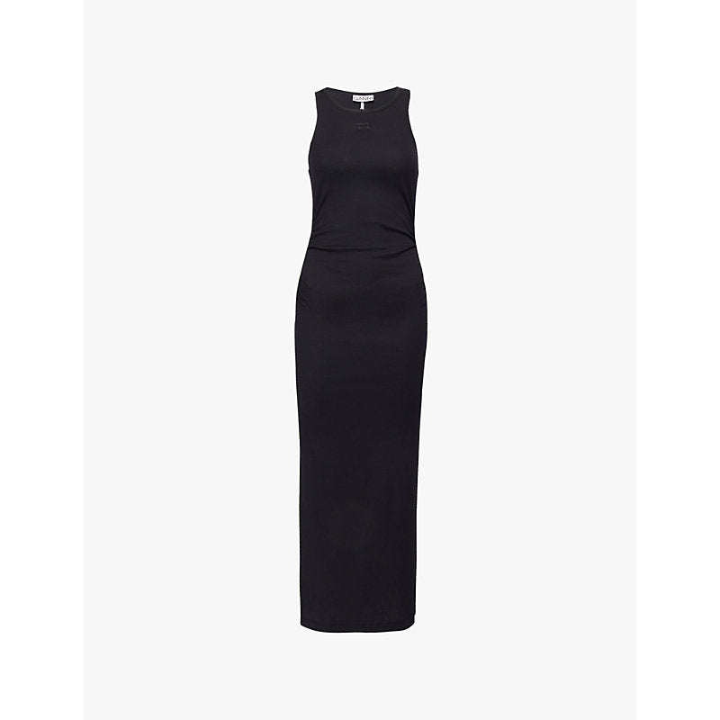 Womens Ganni Logo-embordered ribbed stretch-cotton maxi dress