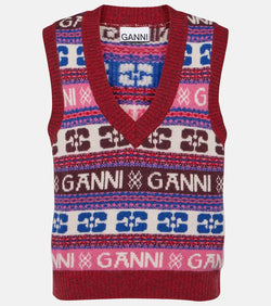 Ganni Logo jacquard wool-blend sweater vest | LYBSTORE