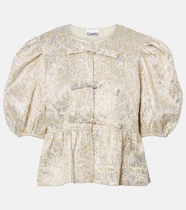 Ganni Puff-sleeve brocade top