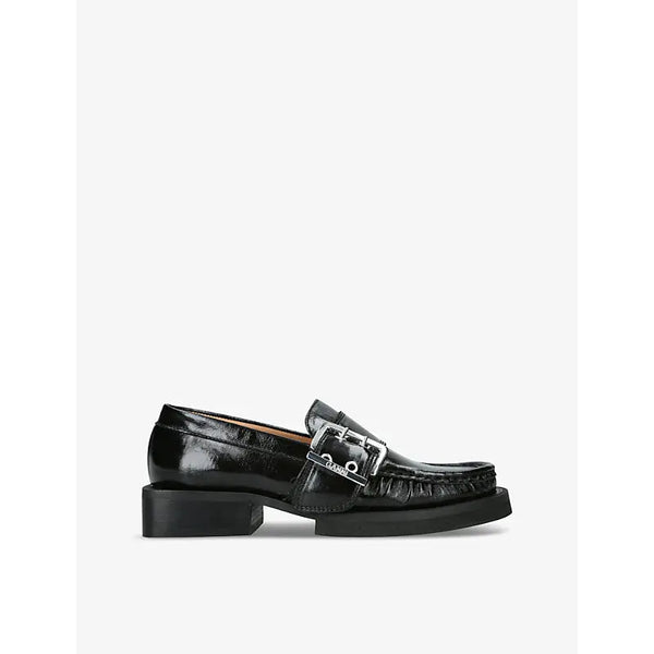 Ganni Round-toe buckled leather loafers