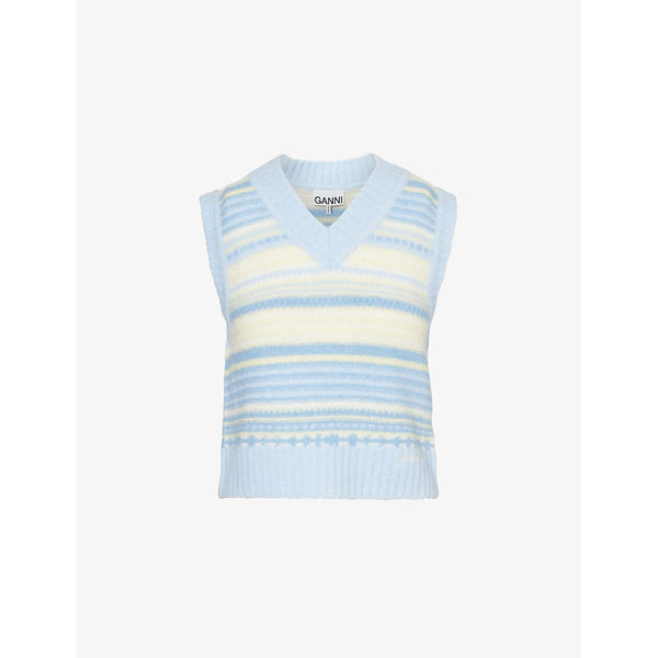 Womens Ganni V-neck logo-embroidered knitted top