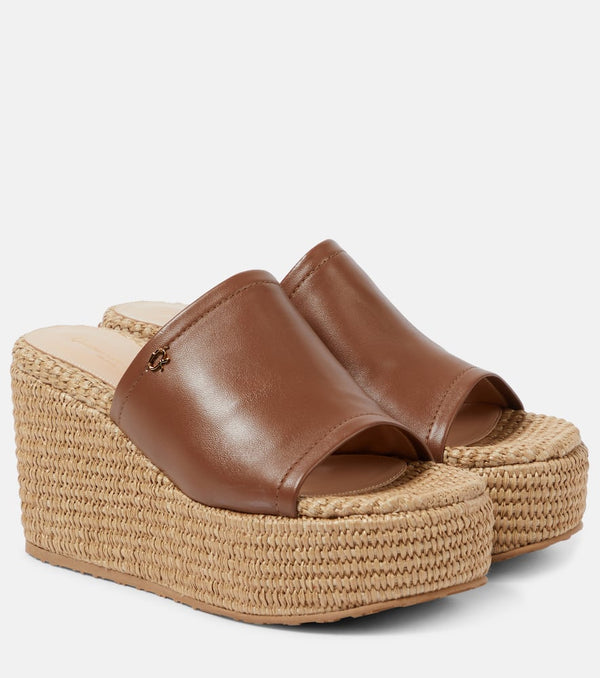 Gianvito Rossi Leather and raffia wedge mules