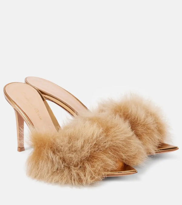 Gianvito Rossi Pointy shearling-trimmed leather mules | LYBSTORE