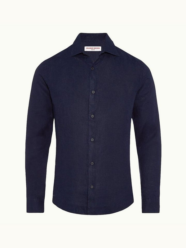 Giles Linen - Navy Cutaway Collar Tailored Fit Linen Shirt