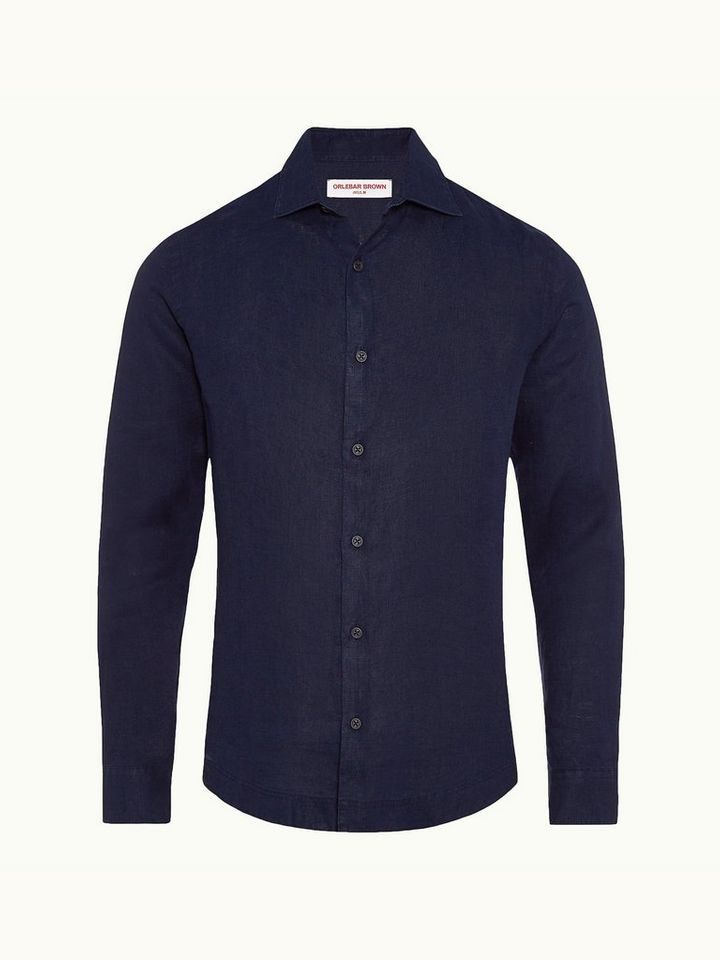 Giles Linen - Navy Cutaway Collar Tailored Fit Linen Shirt