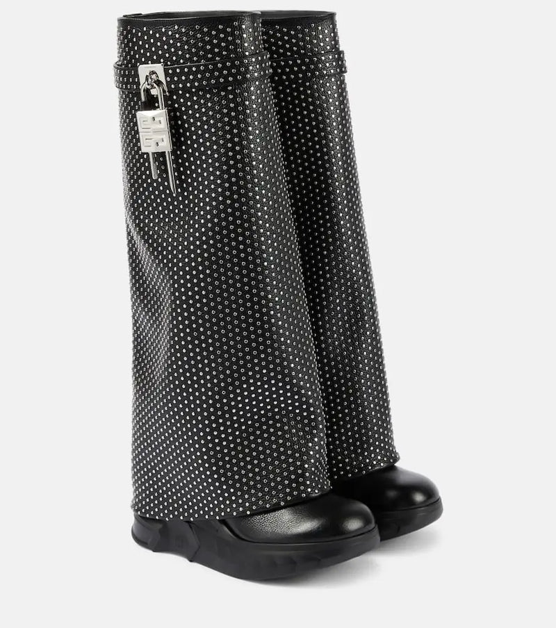 Givenchy Shark Lock Biker studded leather knee-high boots | LYBSTORE