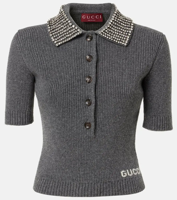 Gucci Crystal-embellished wool polo shirt | LYBSTORE