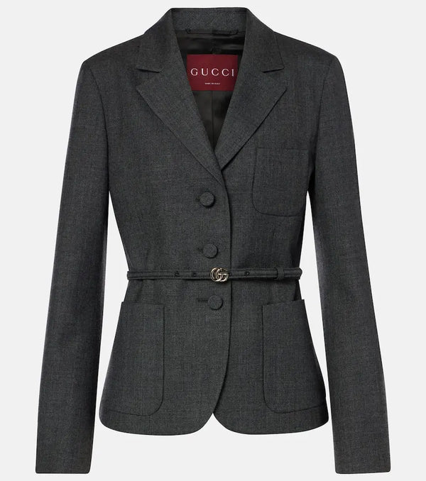 Gucci Double G belted wool grisaille blazer