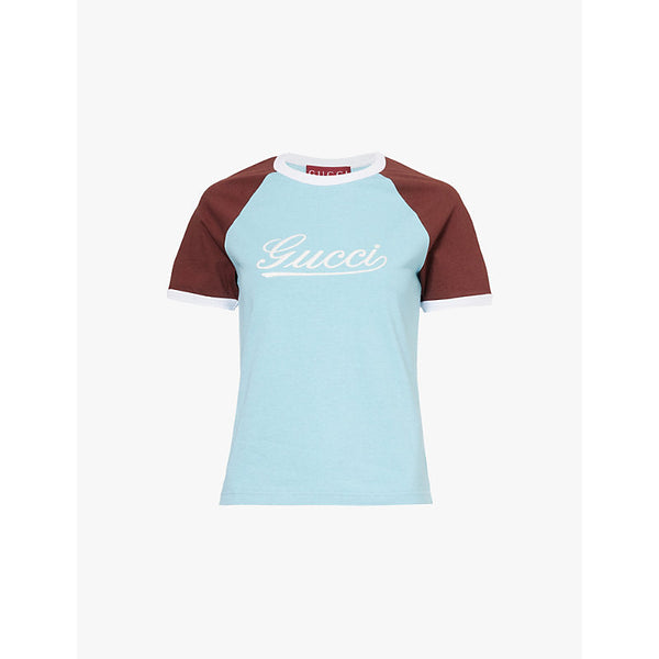 Womens Gucci Embroidered-branding raglan-sleeve cotton-jersey T-shirt