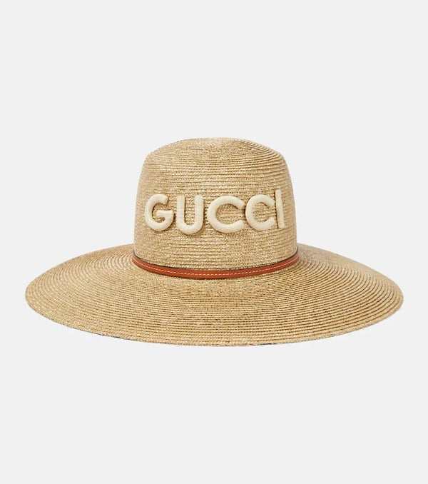 Gucci Logo leather-trimmed straw sunhat | LYBSTORE