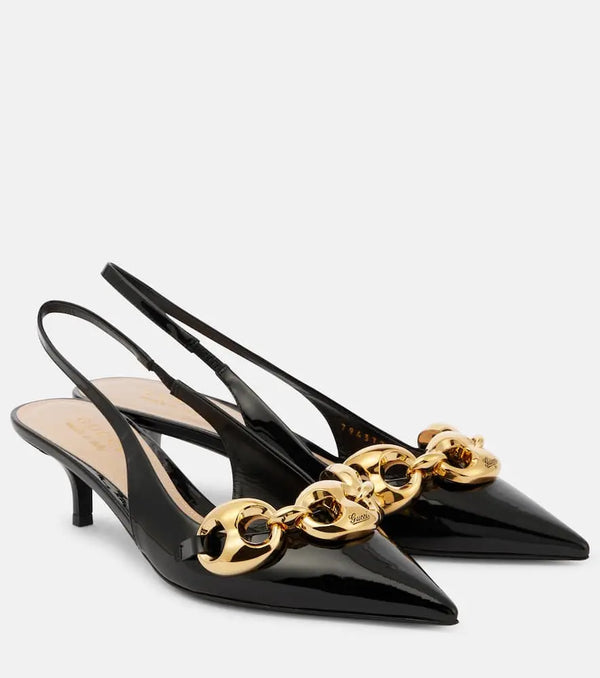 Gucci Marina Chain patent leather slingback pumps | LYBSTORE