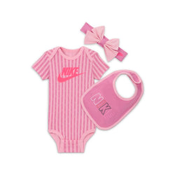 Conjunto de tres piezas de body Swoosh a rayas para bebé (0 a 9 meses) Nike - Rosa