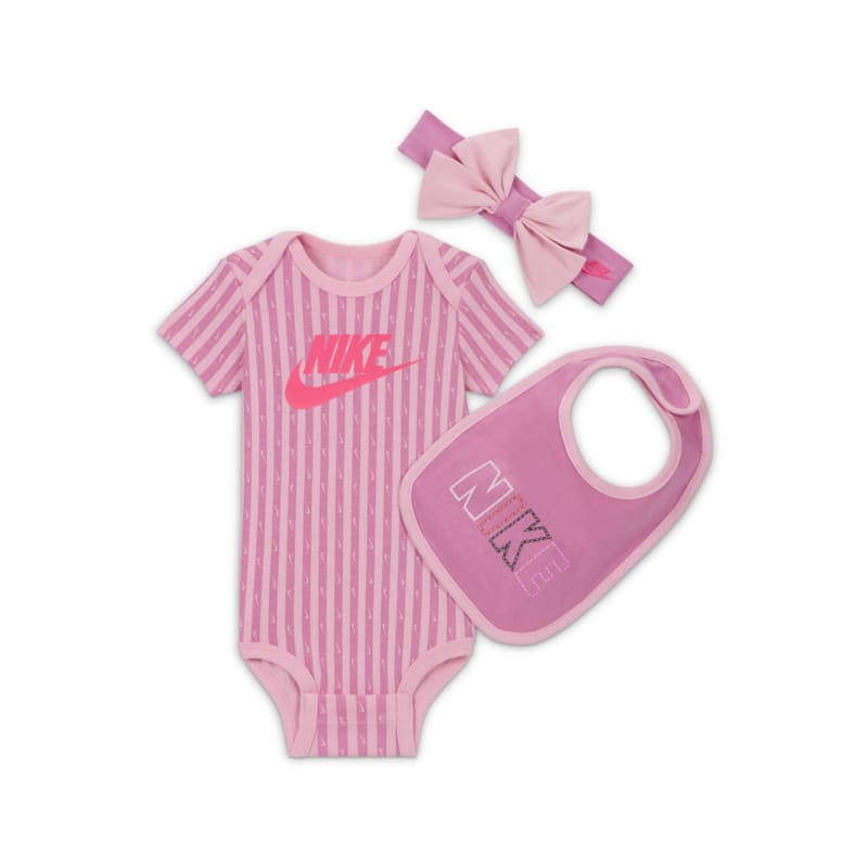 Conjunto de tres piezas de body Swoosh a rayas para bebé (0 a 9 meses) Nike - Rosa