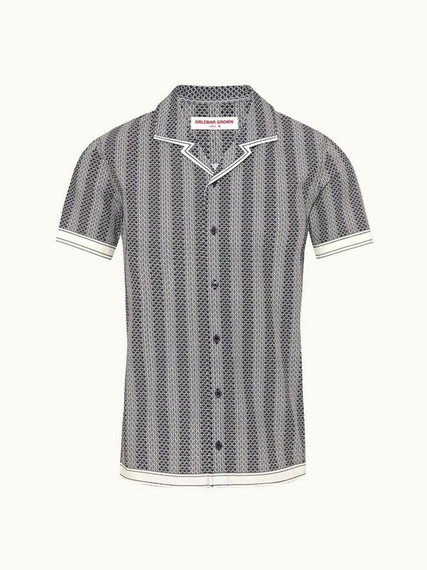 Hibbert - Rills Print Classic Fit Capri Collar Cotton Shirt in Night Iris/White Sand