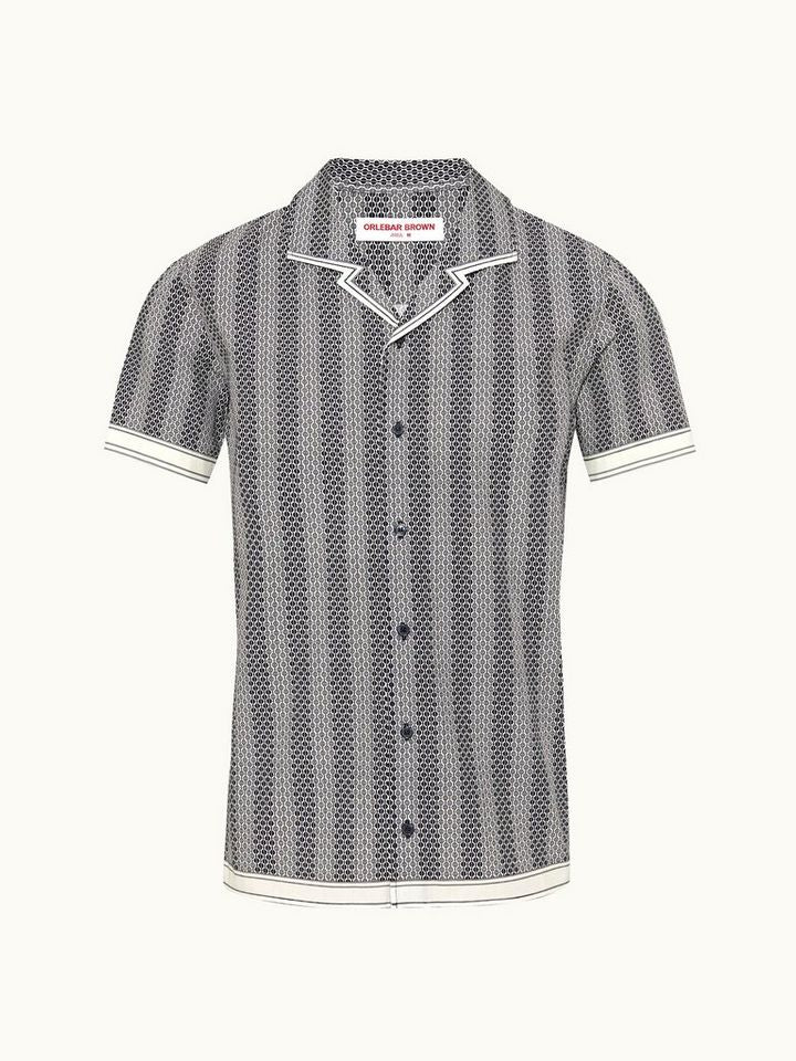 Hibbert - Rills Print Classic Fit Capri Collar Cotton Shirt in Night Iris/White Sand