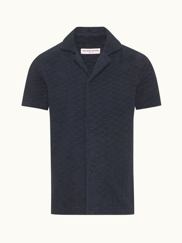 Howell Towelling - Atom Jacquard Relaxed Fit Capri Collar Cotton Towelling Shirt In Night Iris Blue