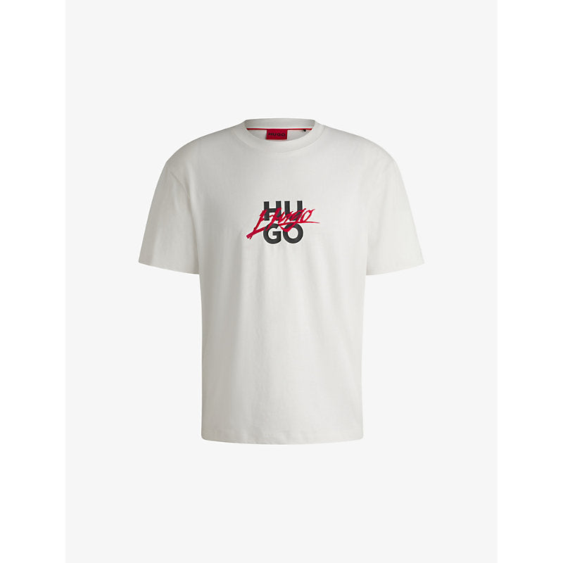 Mens Hugo Double-logo relaxed-fit cotton-jersey T-shirt