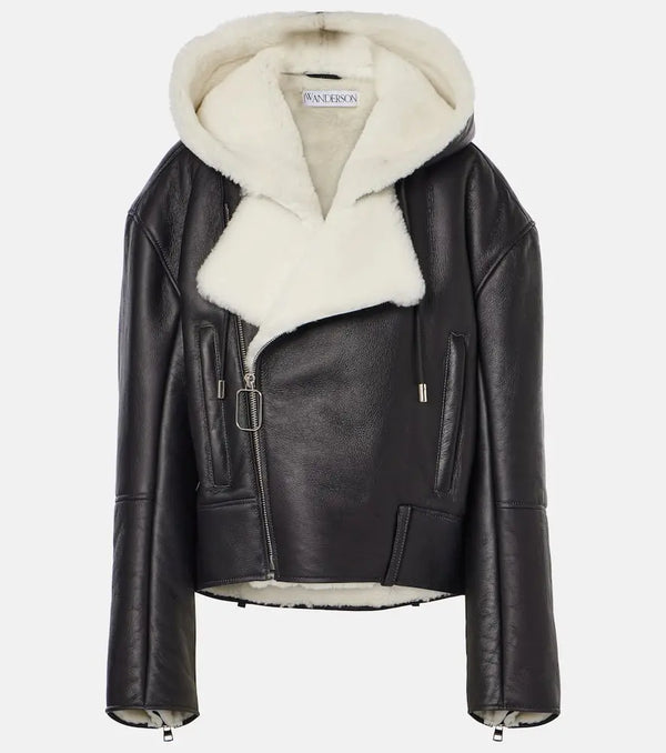 JW Anderson Hooded leather and shearling biker jacket