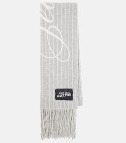 Jean Paul Gaultier Logo pinstripe fringed wool scarf