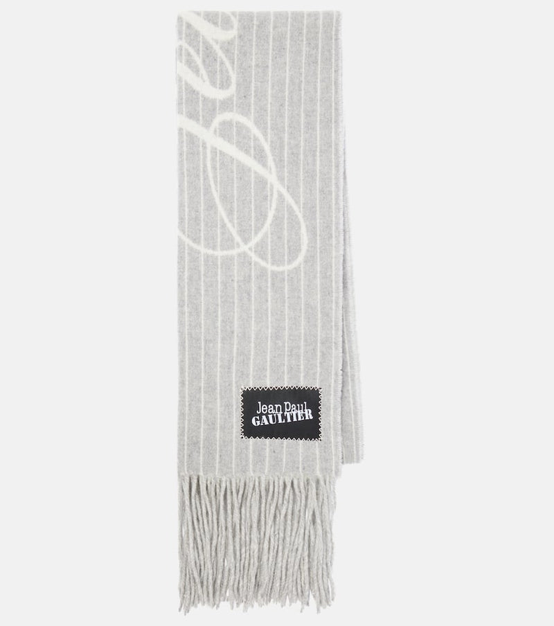 Jean Paul Gaultier Logo pinstripe fringed wool scarf