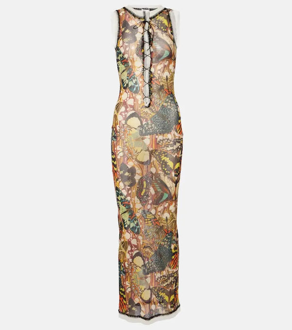 Jean Paul Gaultier Printed lace-trimmed mesh maxi dress