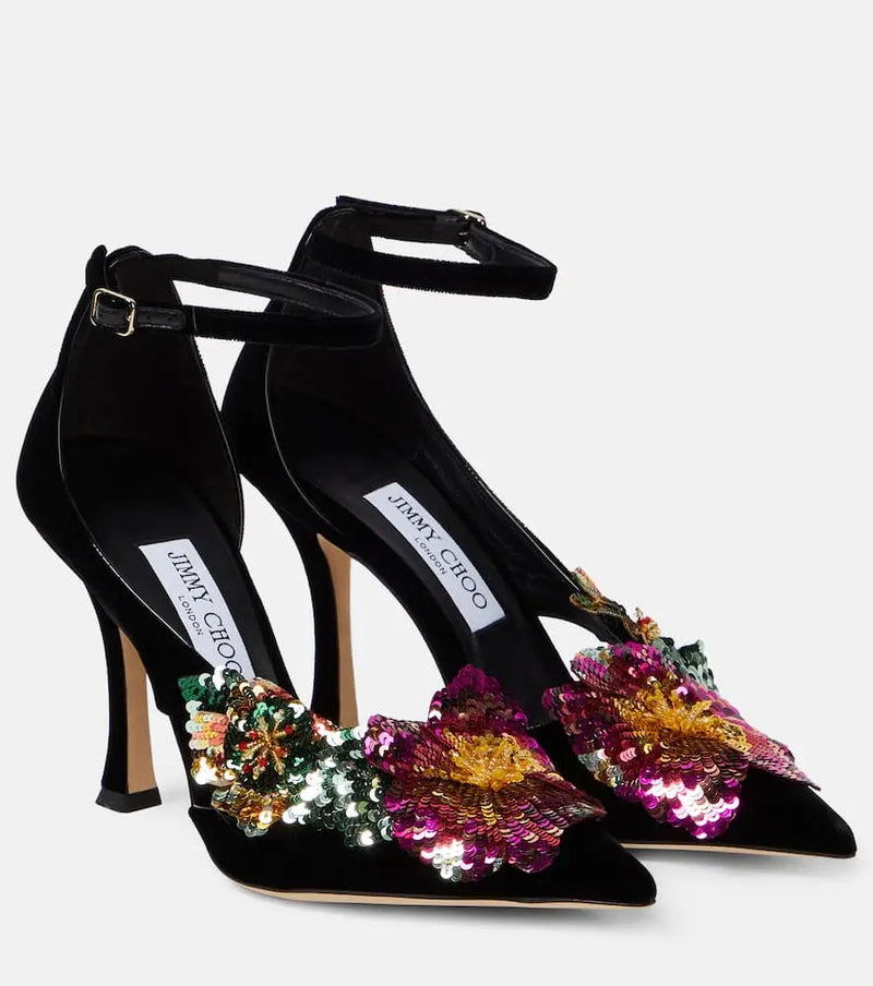 Jimmy Choo Azara 100 floral-appliqué velvet pumps | LYBSTORE