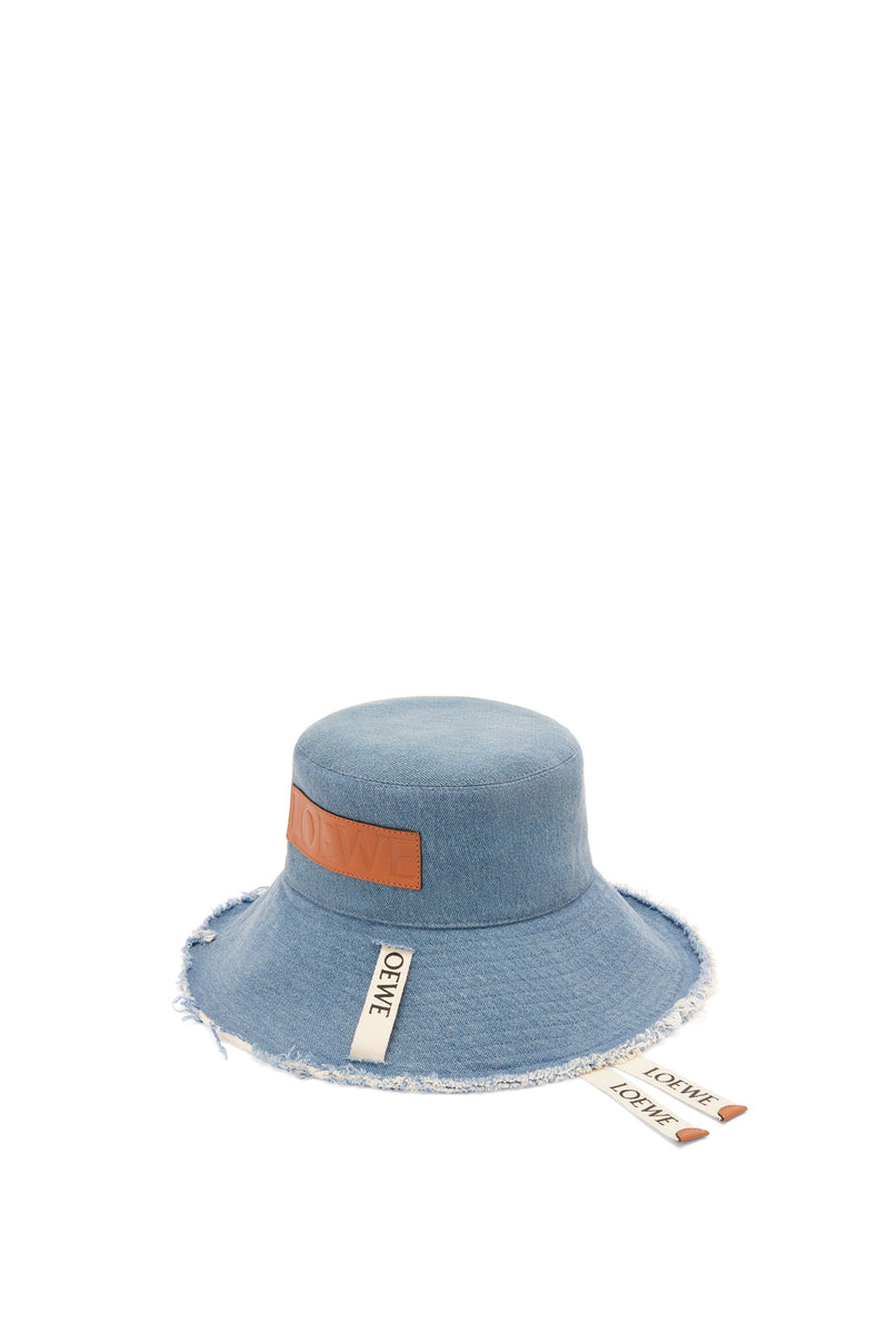 Frayed fisherman hat in denim and calfskin