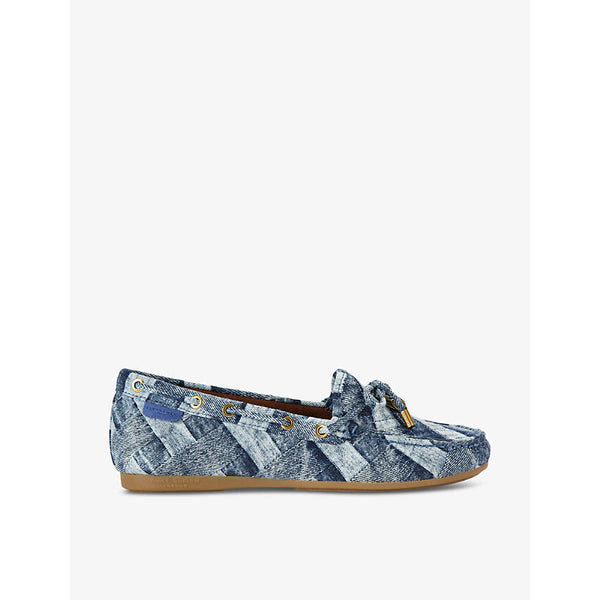 Womens Kurt Geiger London Eagle-embellished patchwork denim moccasins