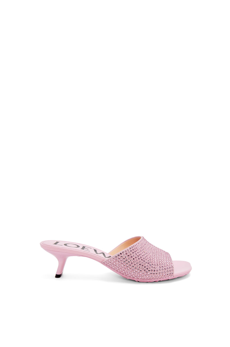 Petal kitten heel slide in suede and allover rhinestones