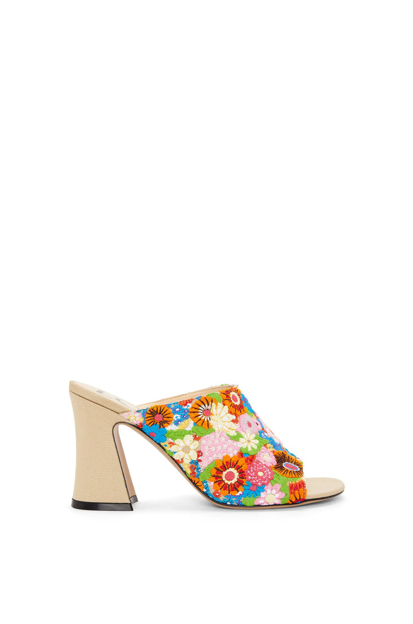 Calle open mule in embroidered canvas