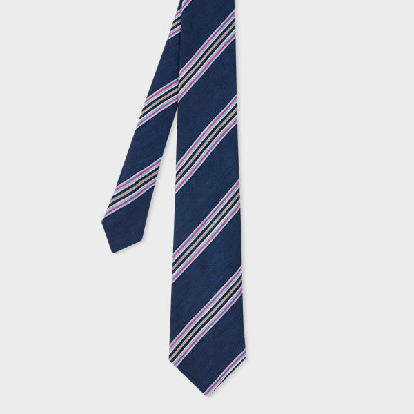 Paul Smith Dark Blue Linen-Blend Block Stripe Tie