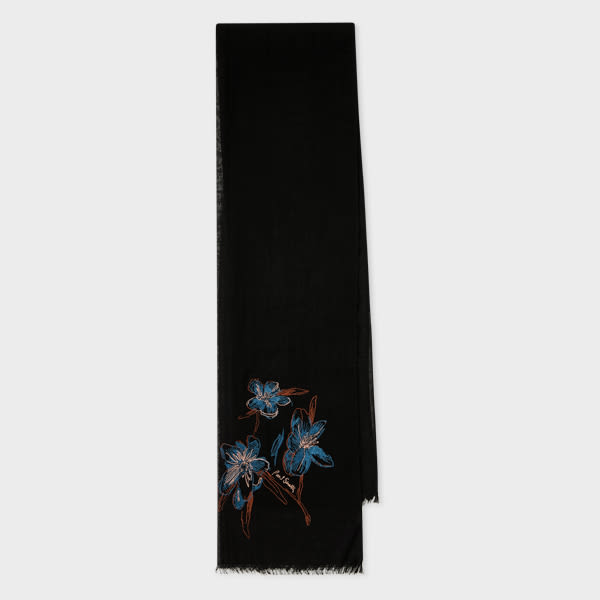 Paul Smith Black Magnolia Embroidered Scarf