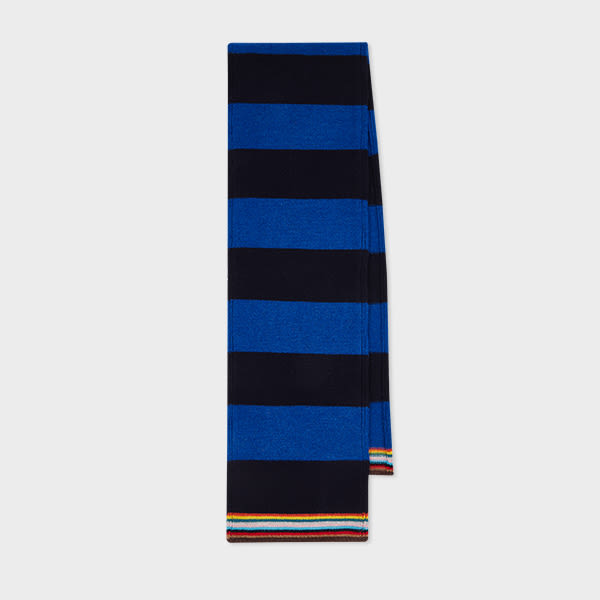 Paul Smith Navy and Blue Block Stripe Scarf with 'Signature Stripe' Trim