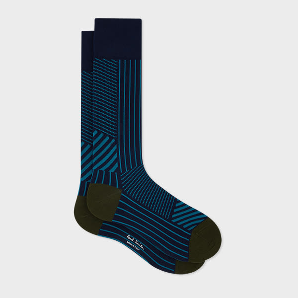 Paul Smith Navy and Green Mixed Stripe Socks Blue