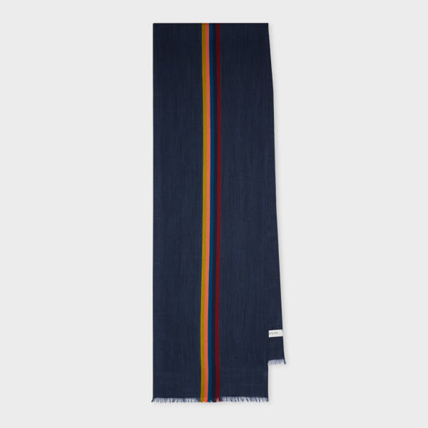 Paul Smith Dark Navy 'Artist Stripe' Band Herringbone Wool-Blend Scarf Blue